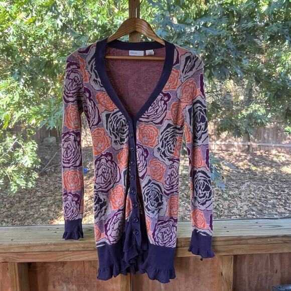 Anthropologie Sleeping On Snow Purple Rose Print Cardigan Size S - Picture 2 of 9